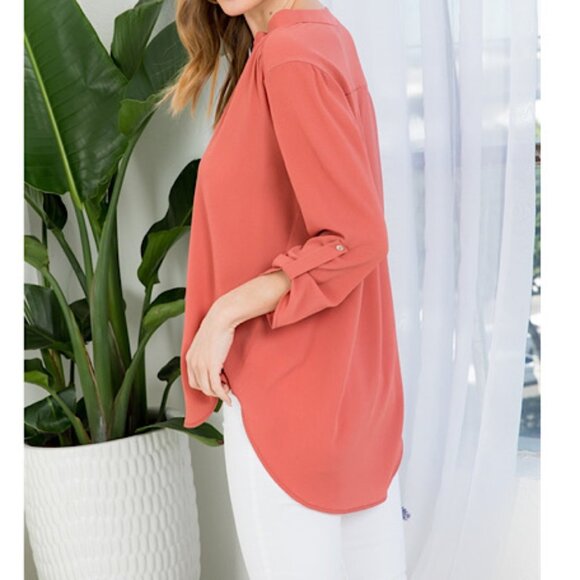 NEW Light Orange Quarter Tab Sleeve Solid Woven V Neck Blouse - Picture 4 of 9